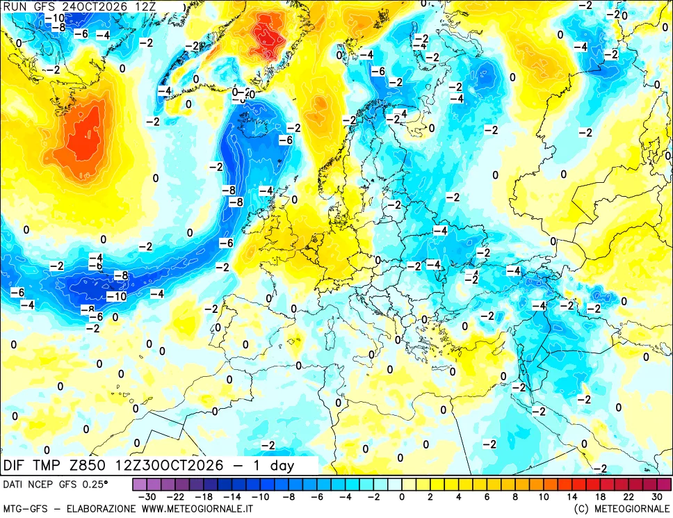 mappa Dif. Temp a 850 hPa Valid - 1 day