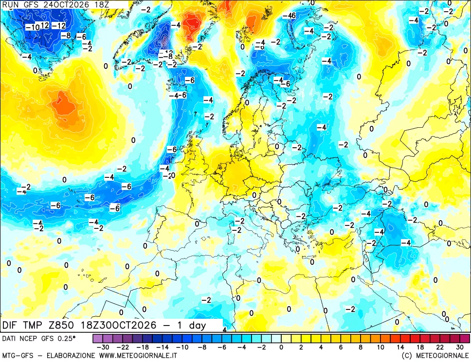 mappa 850 hPA Dif. Temp -24 ore