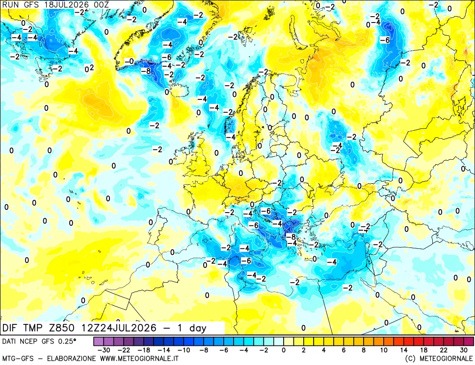 mappa Dif. Temp a 850 hPa Valid - 1 day