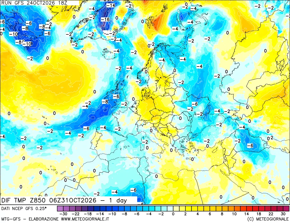 mappa Dif. Temp a 850 hPa Valid - 1 day