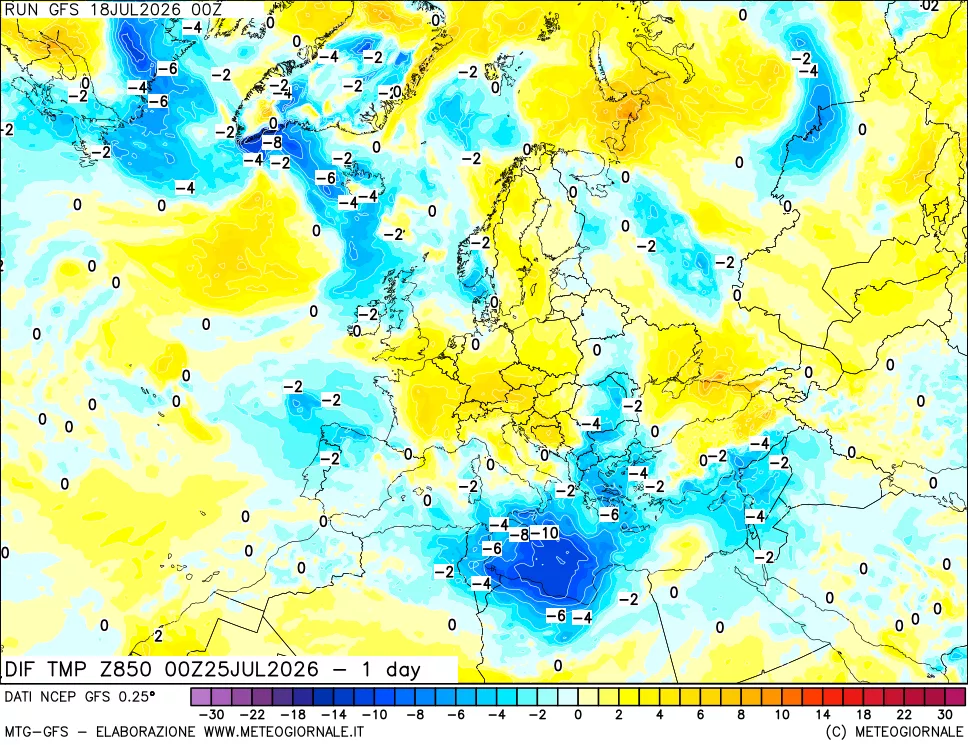 mappa Dif. Temp a 850 hPa Valid - 1 day