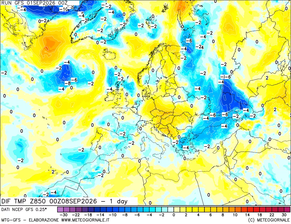 mappa 850 hPA Dif. Temp -24 ore
