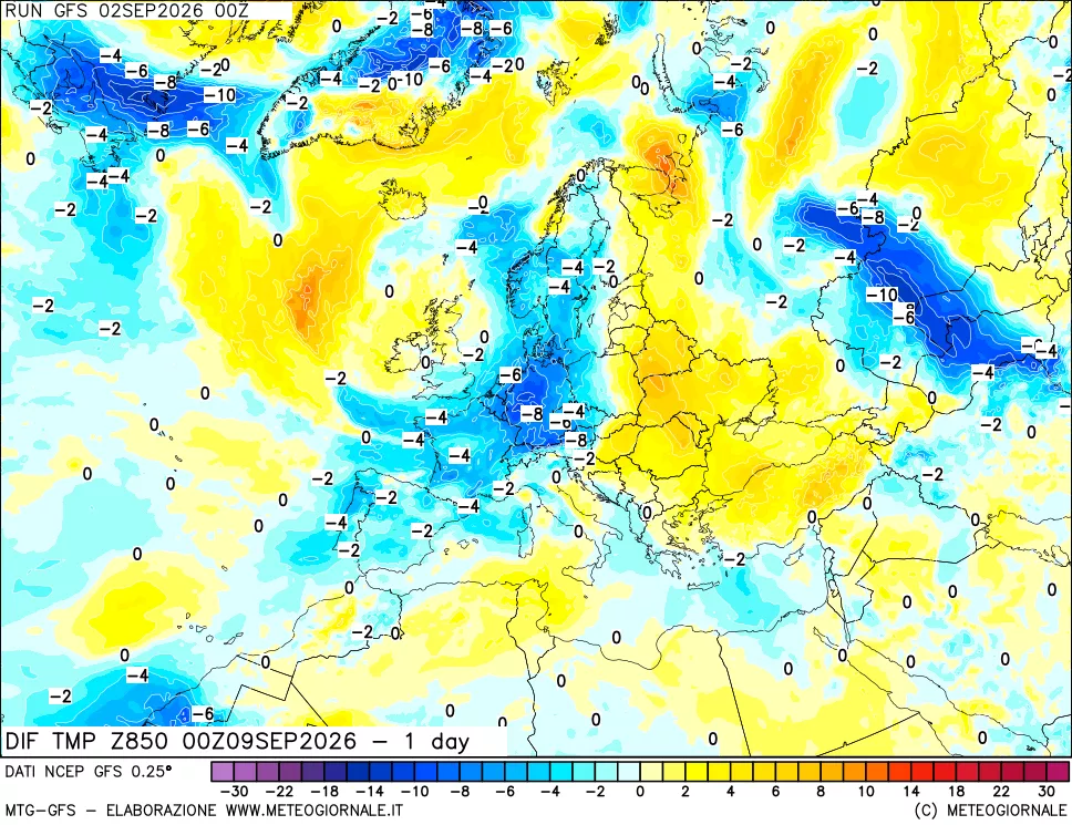 mappa 850 hPA Dif. Temp -24 ore