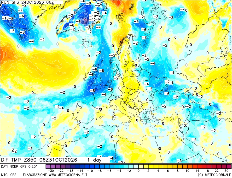mappa 850 hPA Dif. Temp -24 ore