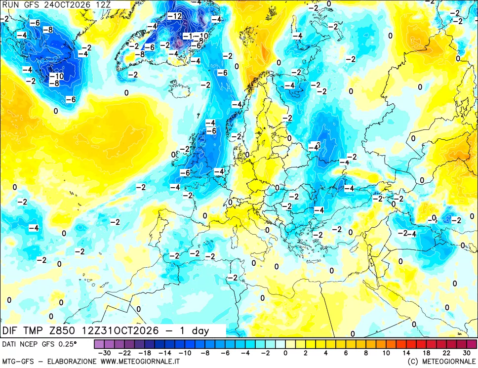 mappa Dif. Temp a 850 hPa Valid - 1 day