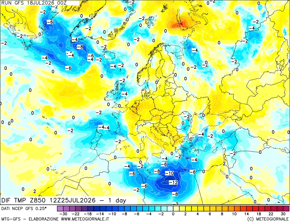 mappa Dif. Temp a 850 hPa Valid - 1 day