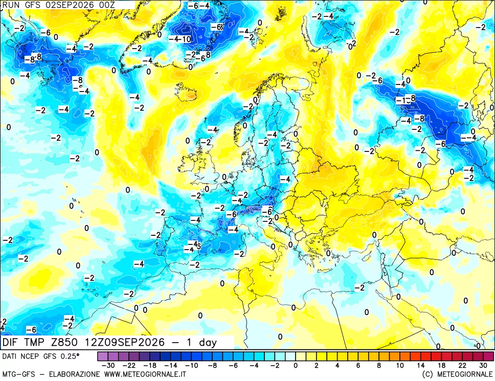 mappa 850 hPA Dif. Temp -24 ore