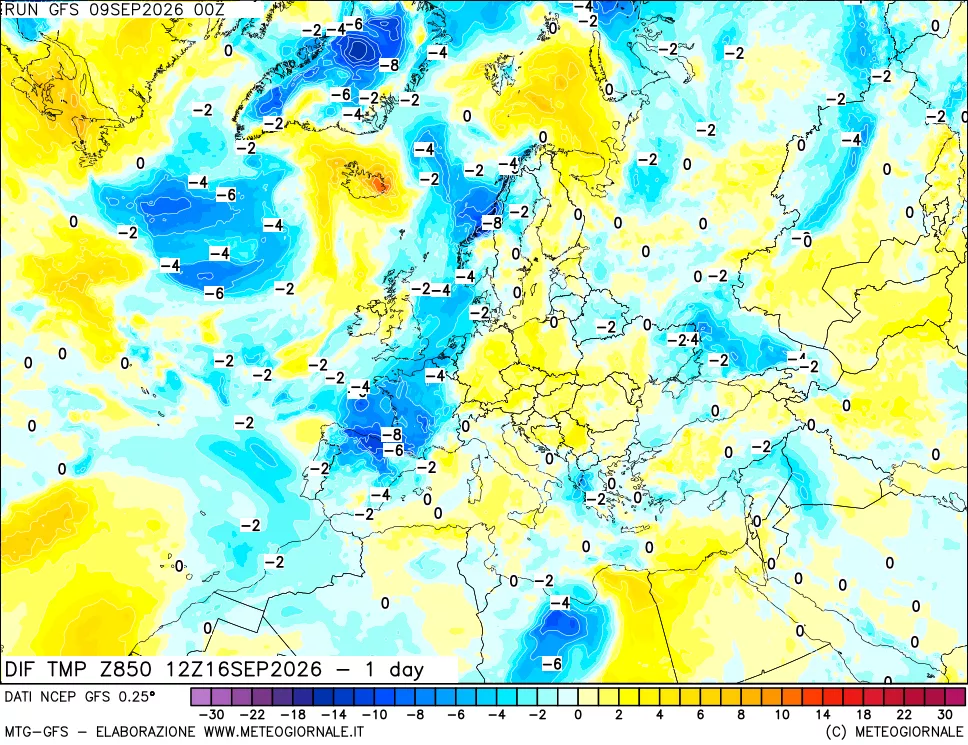 mappa Dif. Temp a 850 hPa Valid - 1 day