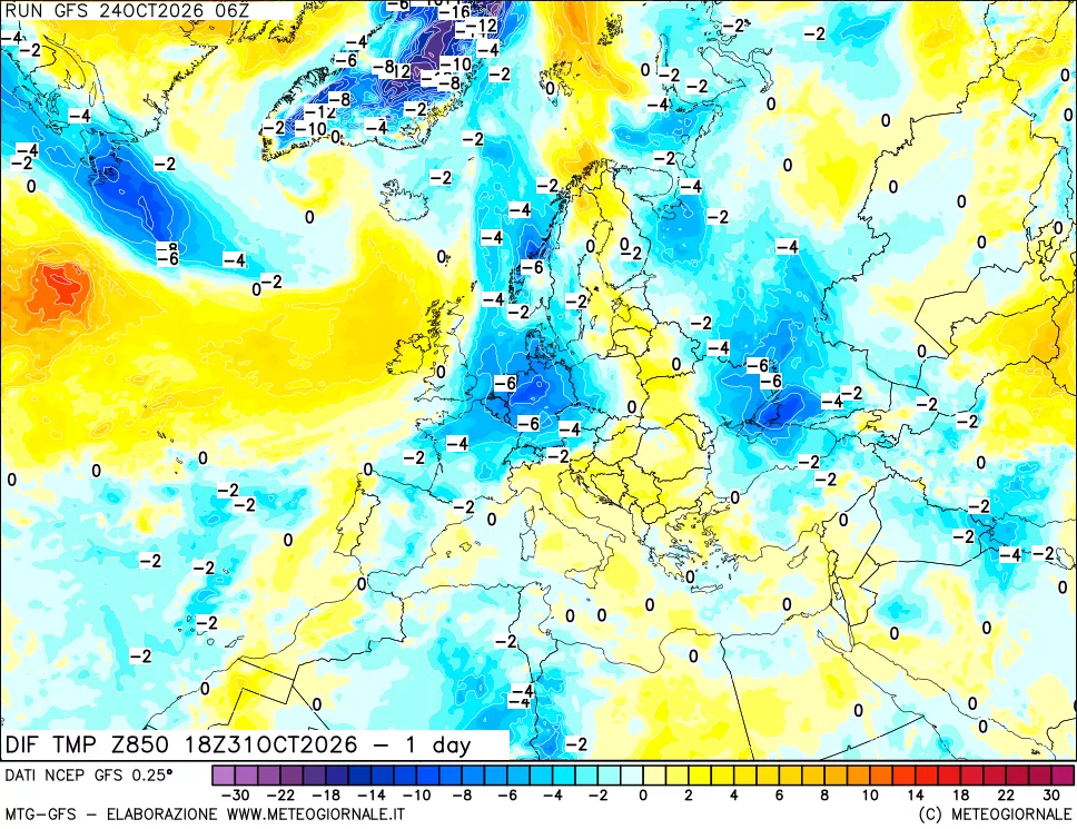 mappa Dif. Temp a 850 hPa Valid - 1 day