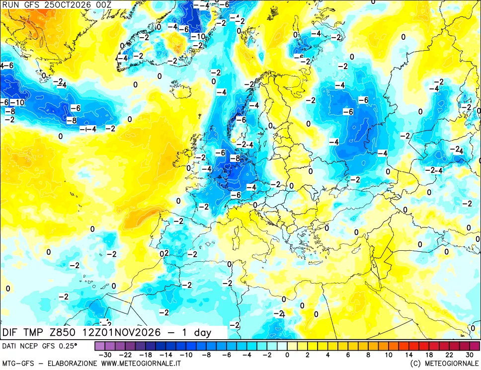 mappa 850 hPA Dif. Temp -24 ore