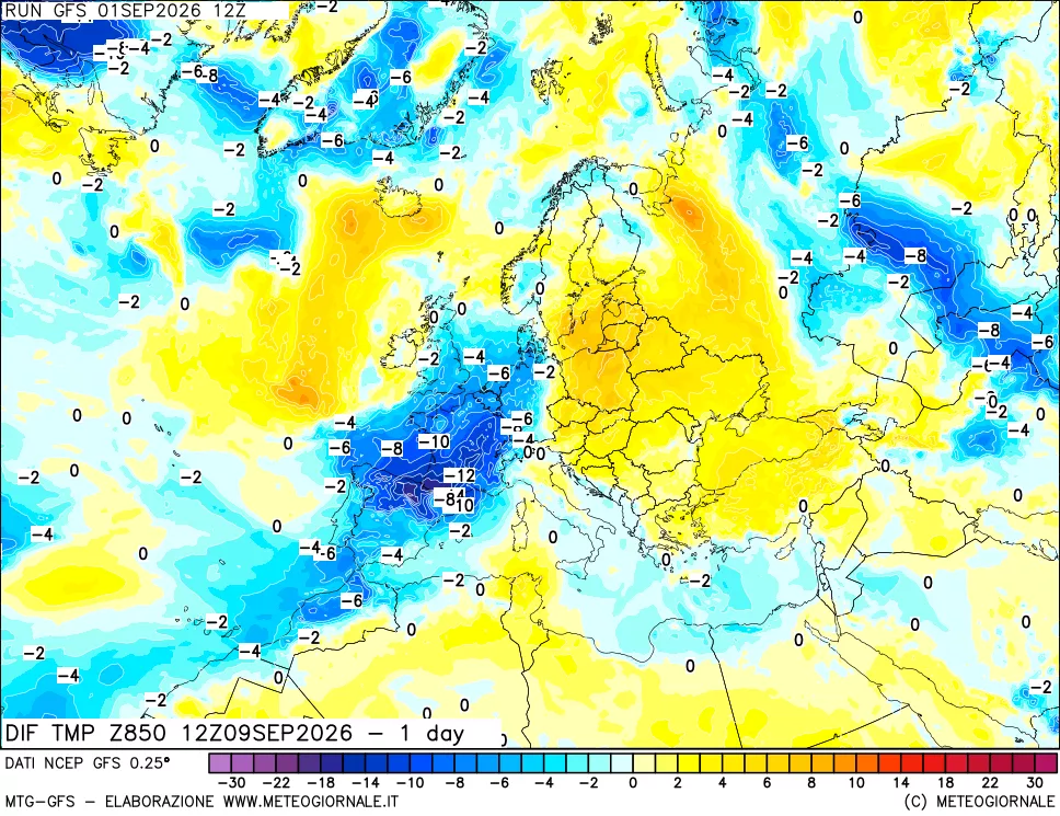 mappa 850 hPA Dif. Temp -24 ore