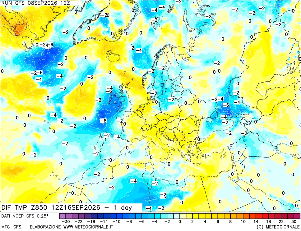 mappa Dif. Temp a 850 hPa Valid - 1 day