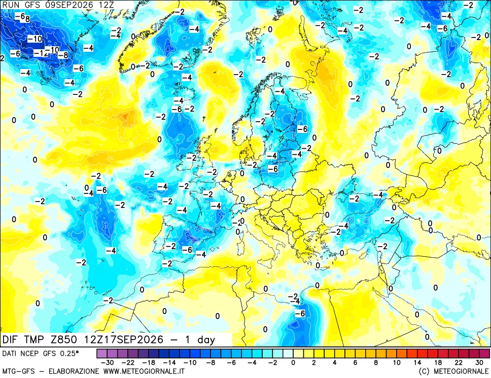mappa Dif. Temp a 850 hPa Valid - 1 day