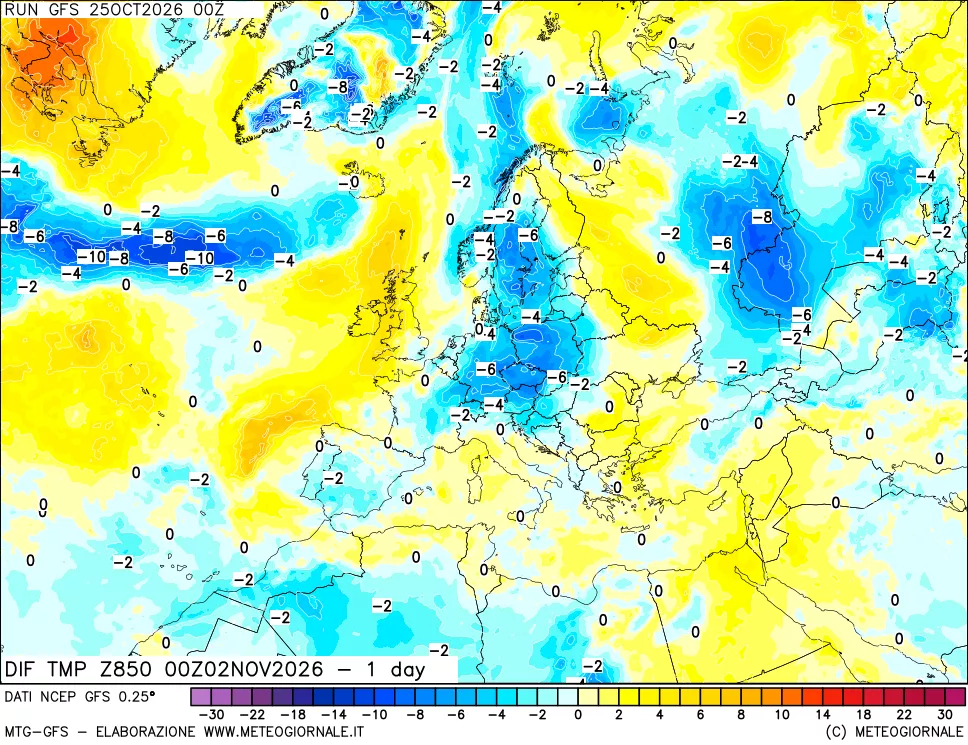 mappa Dif. Temp a 850 hPa Valid - 1 day