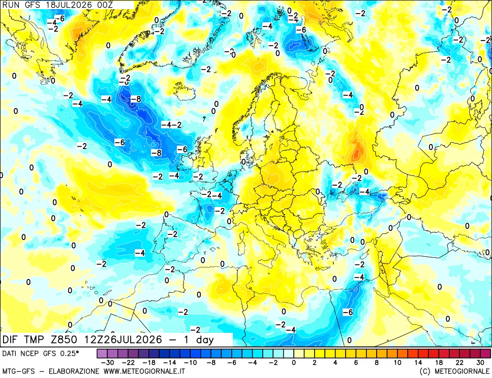 mappa 850 hPA Dif. Temp -24 ore
