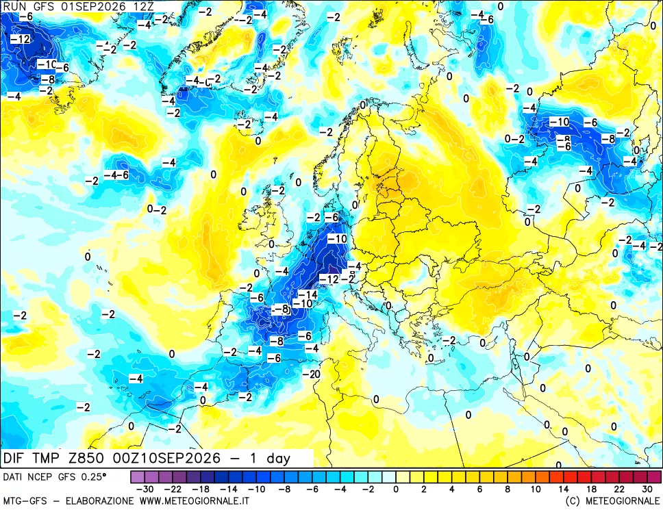 mappa 850 hPA Dif. Temp -24 ore