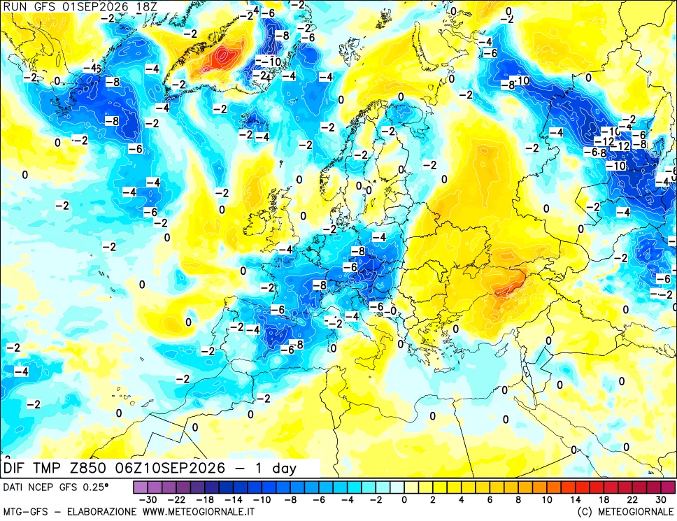 mappa Dif. Temp a 850 hPa Valid - 1 day