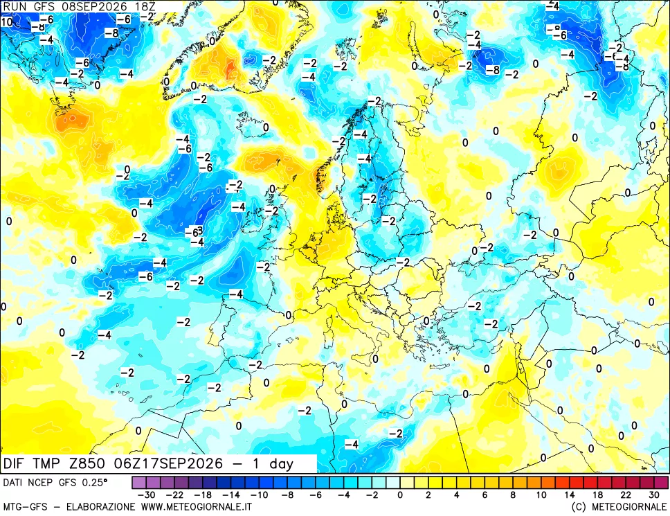 mappa 850 hPA Dif. Temp -24 ore