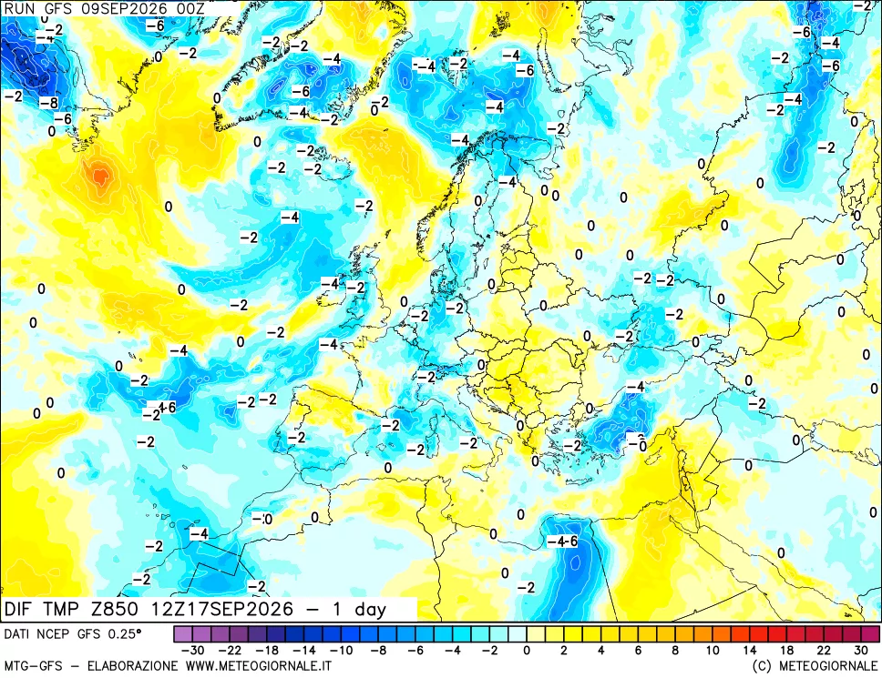 mappa Dif. Temp a 850 hPa Valid - 1 day