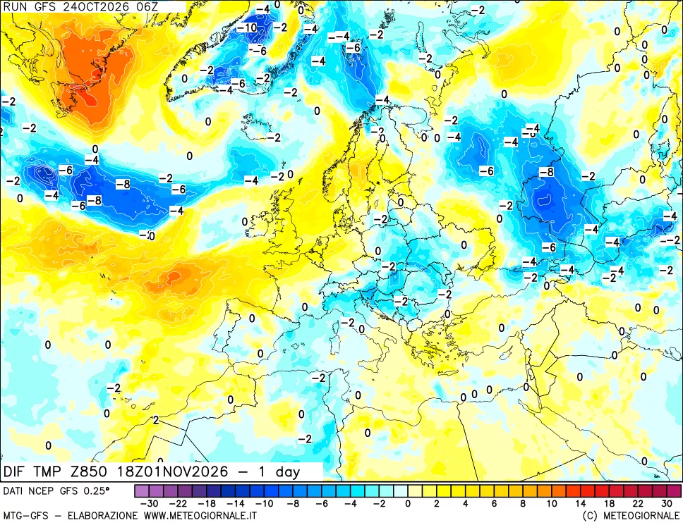 mappa Dif. Temp a 850 hPa Valid - 1 day