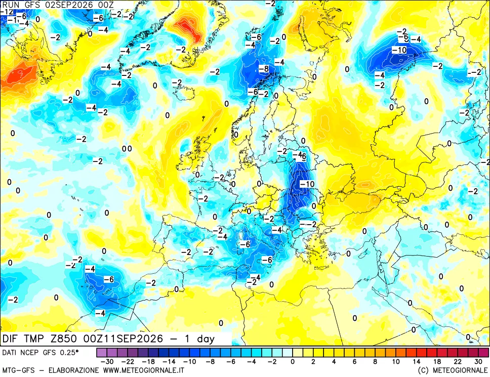 mappa Dif. Temp a 850 hPa Valid - 1 day