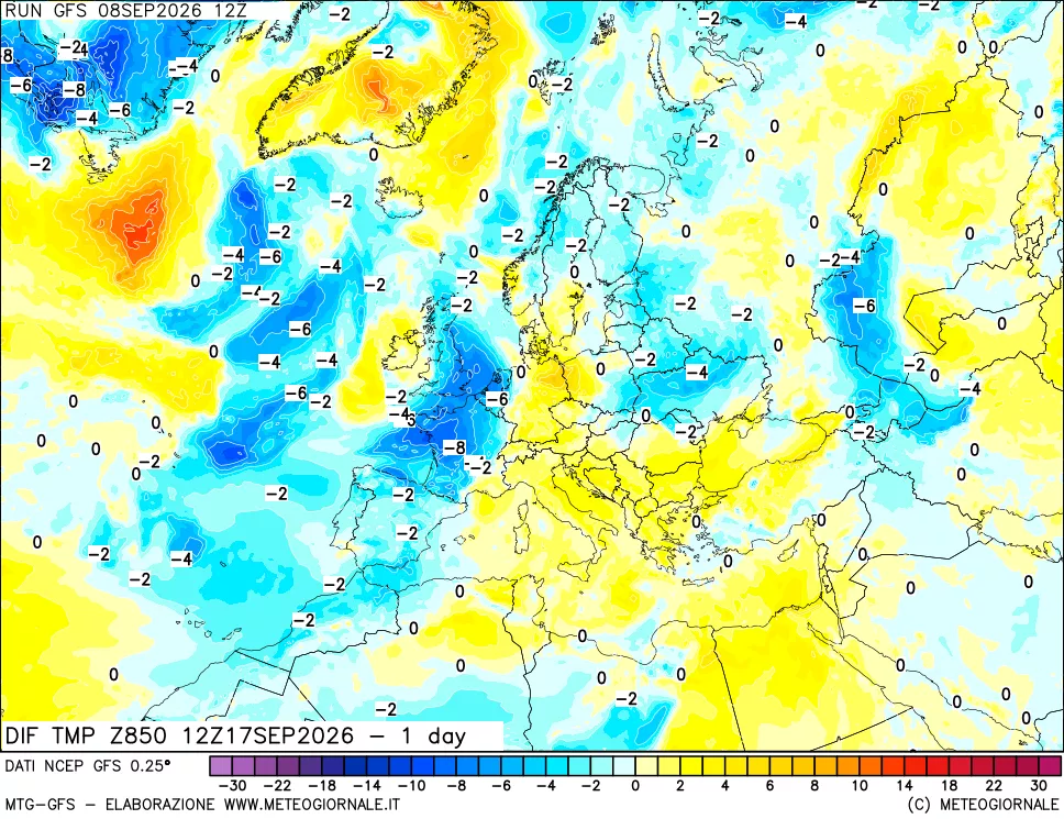 mappa Dif. Temp a 850 hPa Valid - 1 day