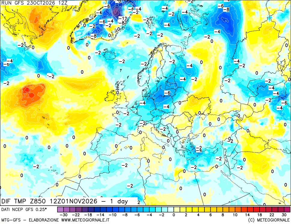 mappa Dif. Temp a 850 hPa Valid - 1 day