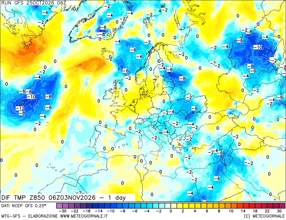 mappa 850 hPA Dif. Temp -24 ore