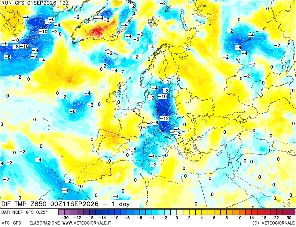 mappa Dif. Temp a 850 hPa Valid - 1 day