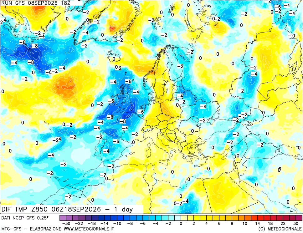 mappa Dif. Temp a 850 hPa Valid - 1 day