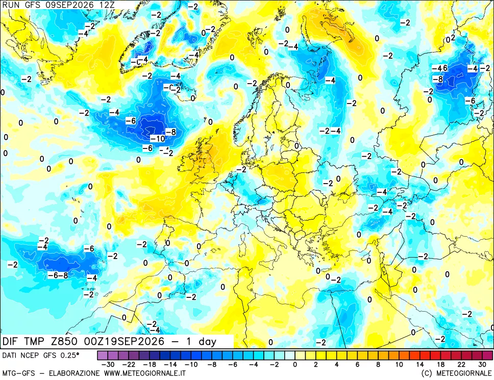 mappa Dif. Temp a 850 hPa Valid - 1 day