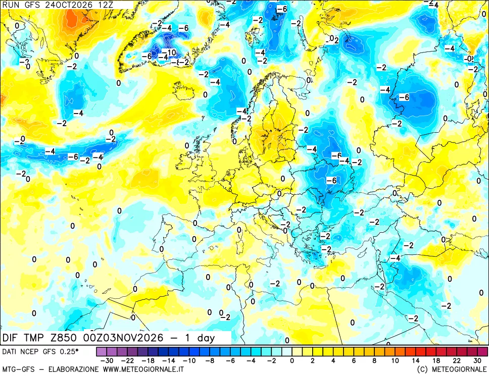 mappa Dif. Temp a 850 hPa Valid - 1 day