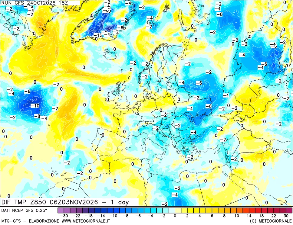 mappa Dif. Temp a 850 hPa Valid - 1 day