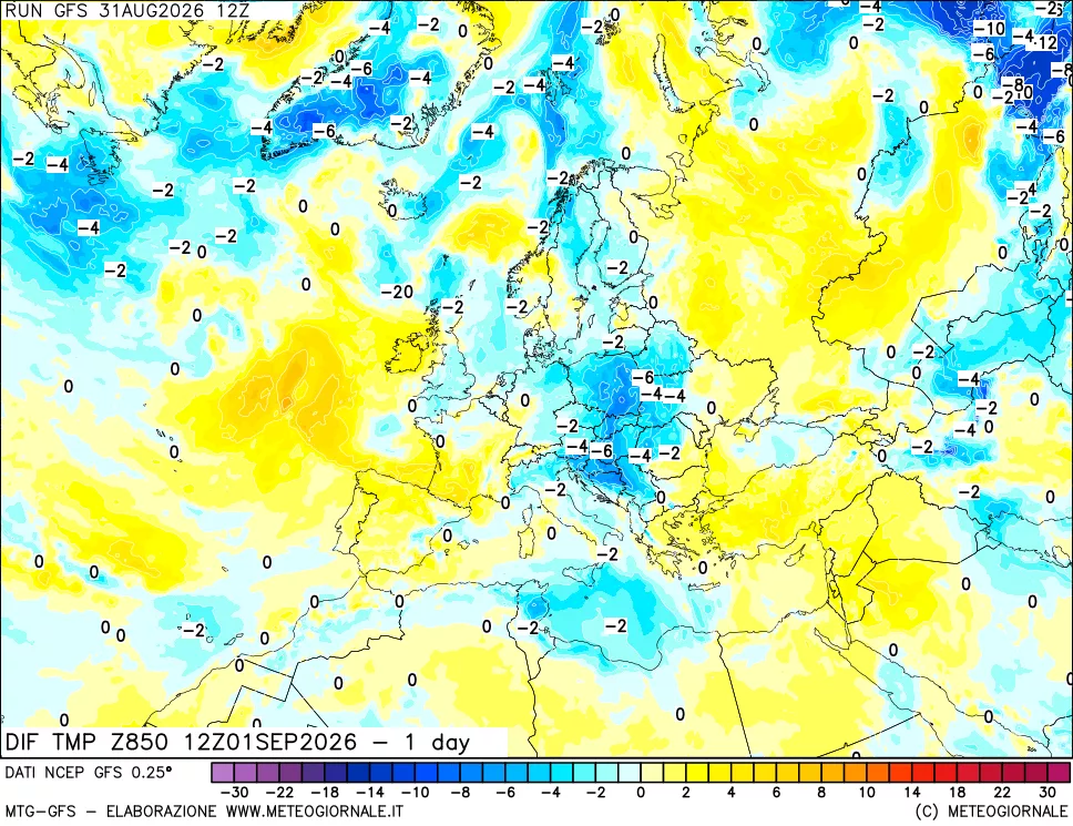 mappa Dif. Temp a 850 hPa Valid - 1 day