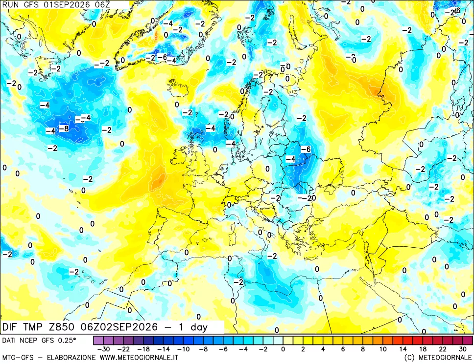 mappa 850 hPA Dif. Temp -24 ore