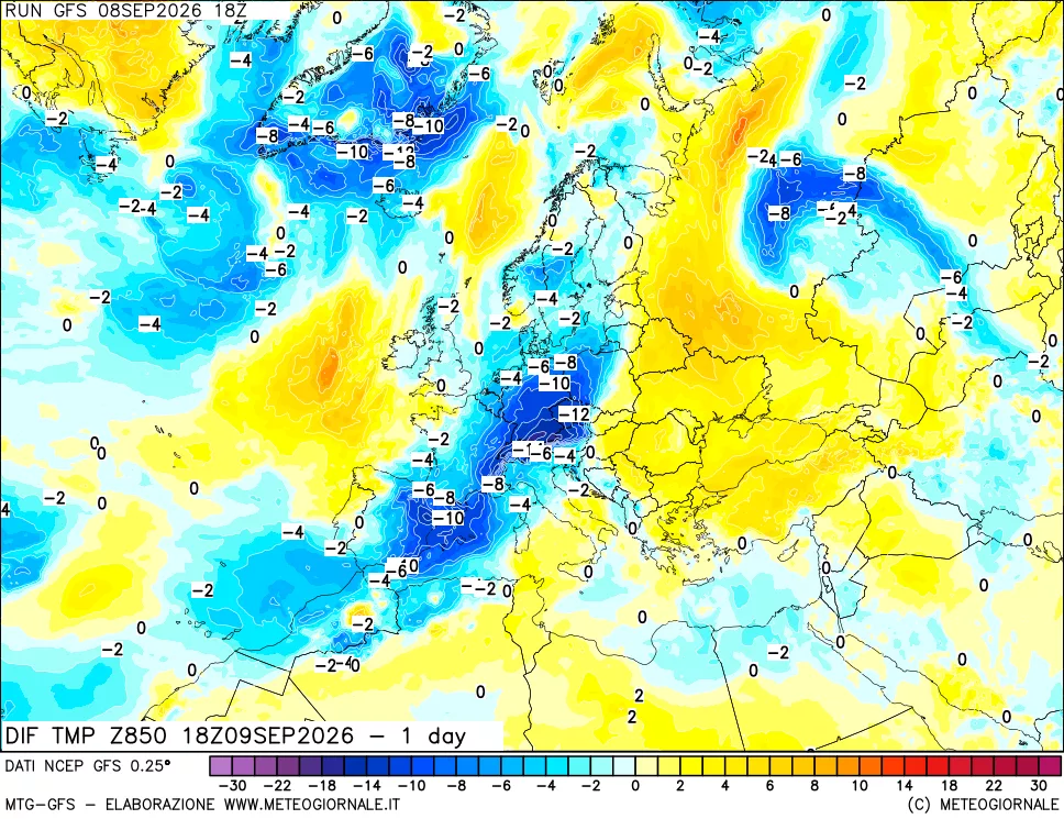 mappa 850 hPA Dif. Temp -24 ore