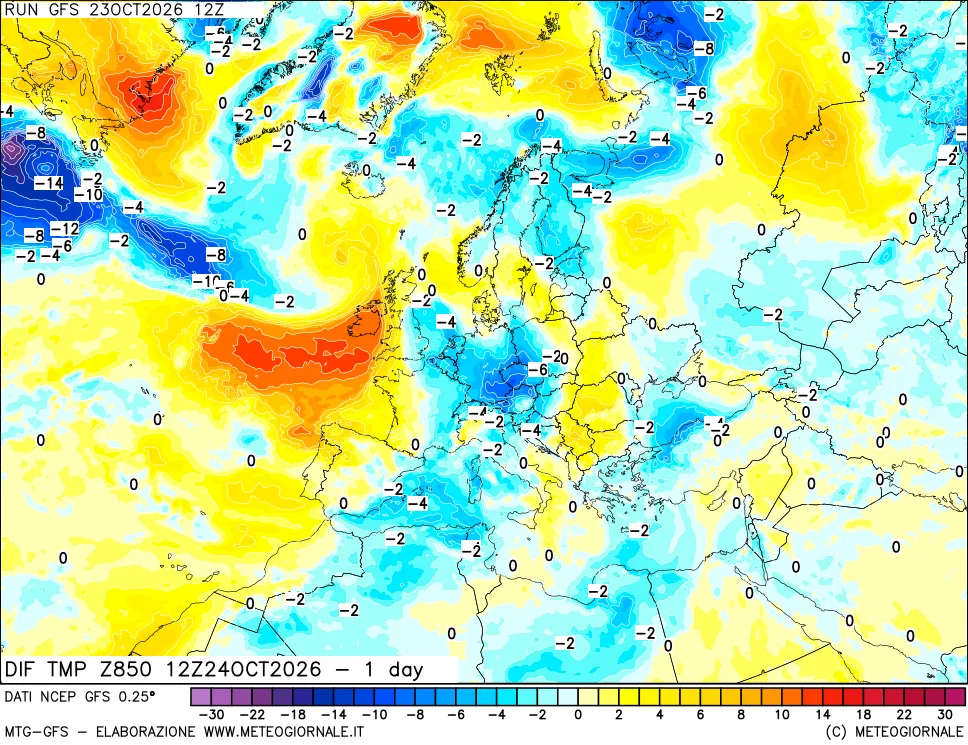 mappa 850 hPA Dif. Temp -24 ore
