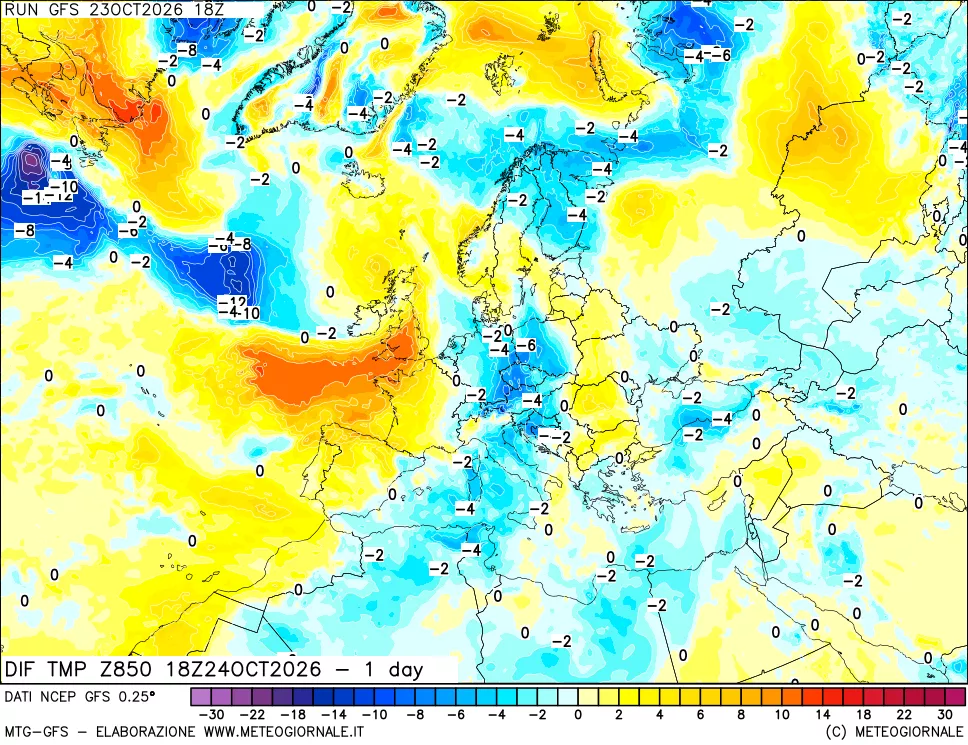mappa 850 hPA Dif. Temp -24 ore
