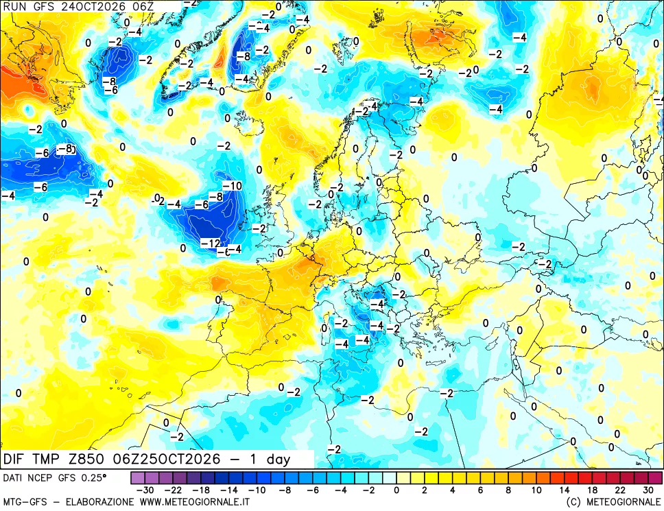 mappa 850 hPA Dif. Temp -24 ore