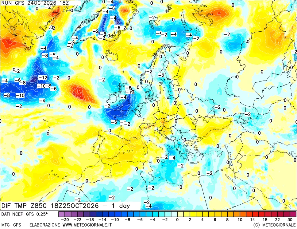 mappa 850 hPA Dif. Temp -24 ore