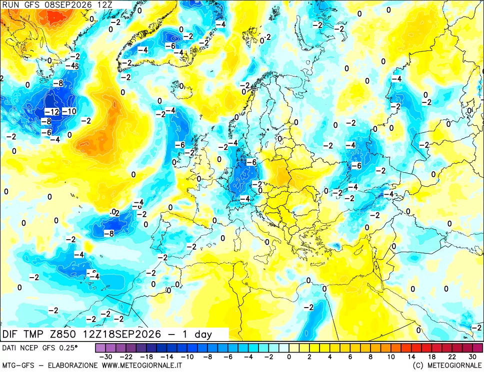 mappa Dif. Temp a 850 hPa Valid - 1 day