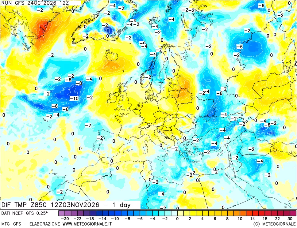 mappa Dif. Temp a 850 hPa Valid - 1 day