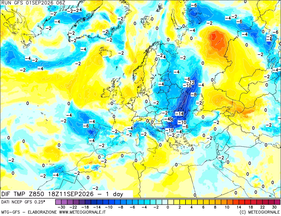 mappa Dif. Temp a 850 hPa Valid - 1 day
