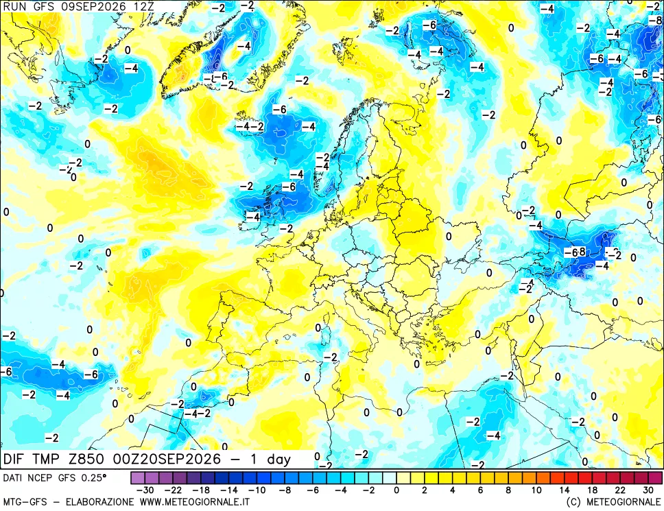 mappa Dif. Temp a 850 hPa Valid - 1 day