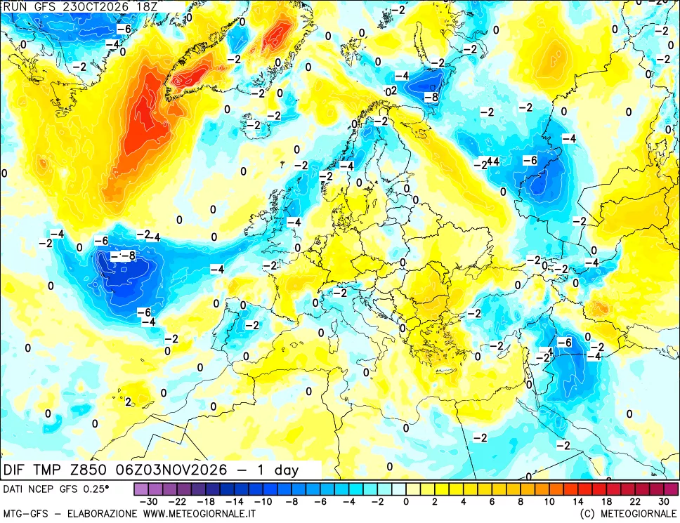 mappa Dif. Temp a 850 hPa Valid - 1 day
