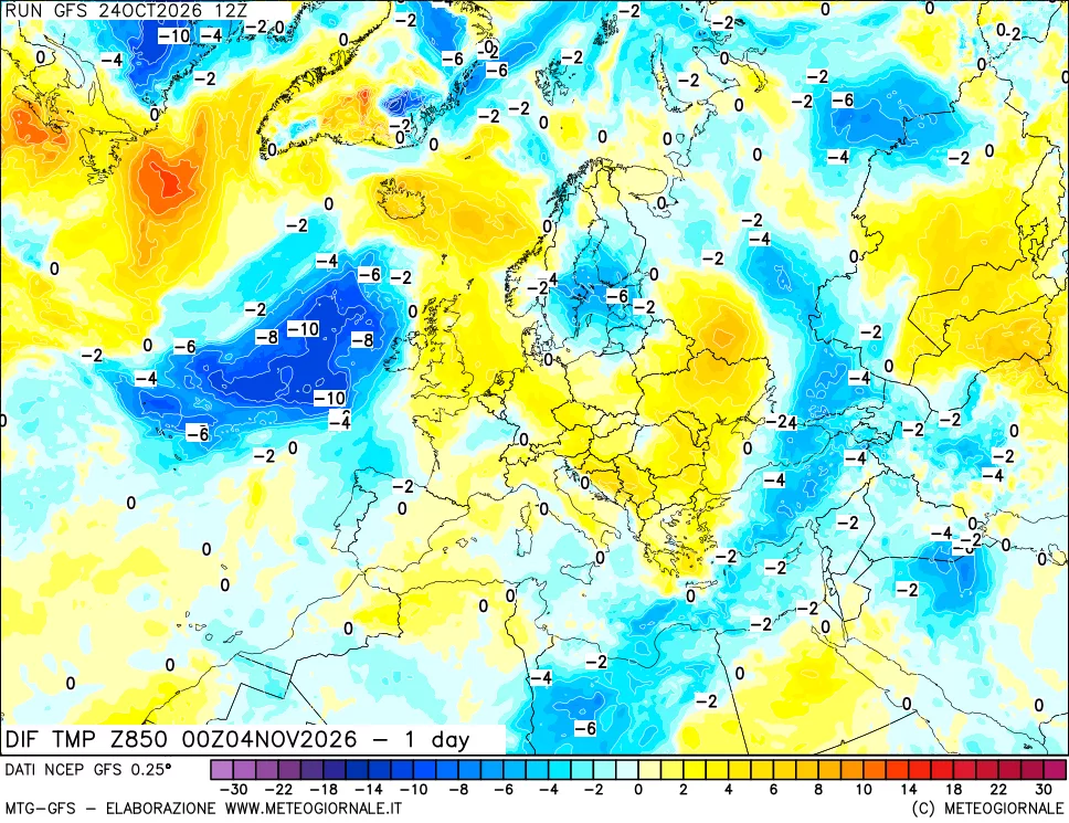 mappa 850 hPA Dif. Temp -24 ore