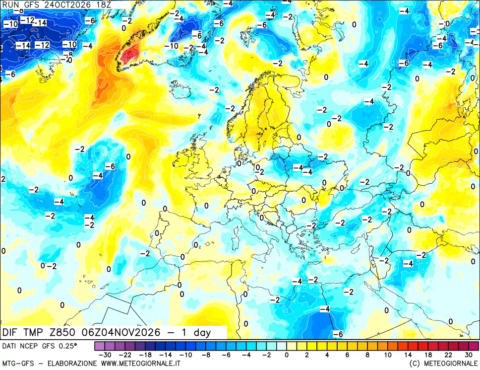 mappa Dif. Temp a 850 hPa Valid - 1 day