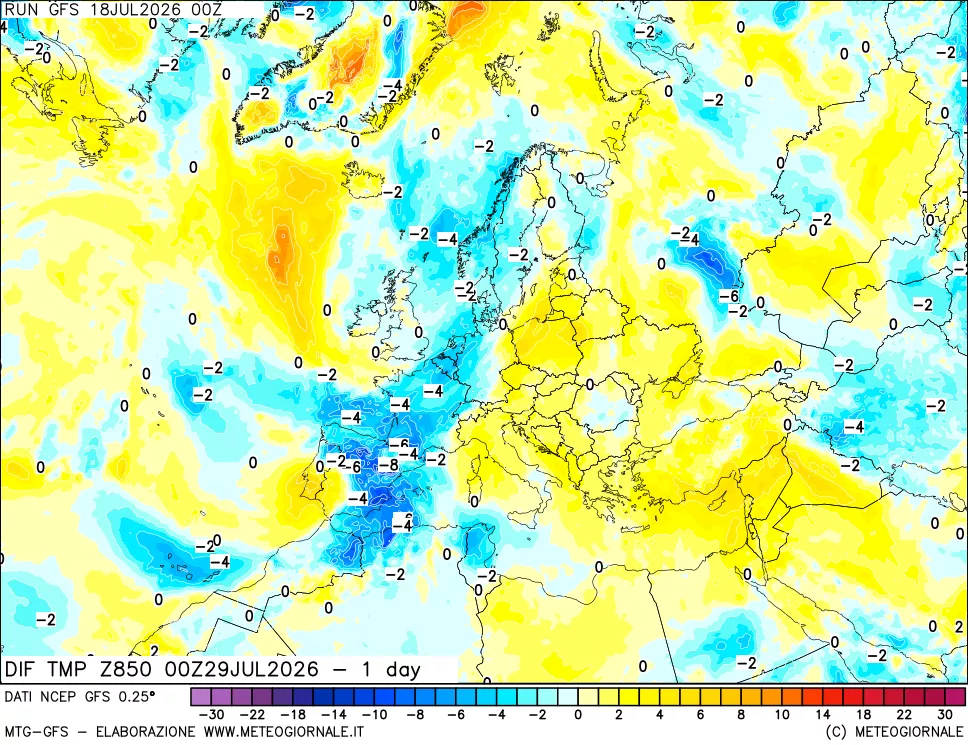 mappa 850 hPA Dif. Temp -24 ore