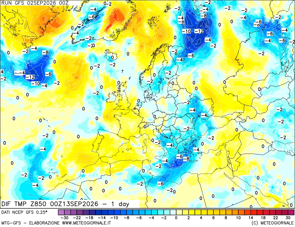 mappa Dif. Temp a 850 hPa Valid - 1 day