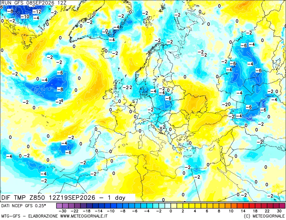 mappa Dif. Temp a 850 hPa Valid - 1 day